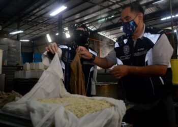 MOHD. WAZIR Khalid memeriksa peralatan yang digunakan oleh sebuah kilang memproses makanan dalam operasi di Butterworth, Pulau Pinang,  hari ini.
