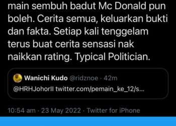 TANGKAP layar ciapan Tunku Mahkota Johor mengenai dakwaan Muhammad Sanusi Md. Noor di Twitter baginda, hari ini.
