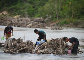 TIGA sahabat mencari benih ikan kelah bagi menampung perbelanjaan sekolah di Air Terjun Belukar Bukit. Hulu Terengganu, Terengganu. - UTUSAN/PUQTRA HAIRRY ROSLI