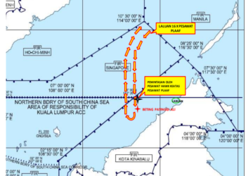 Lakaran menunjukkan pergerakan pesawat tentera udara China berdekatan Beting  Patinggi Ali Isnin lalu.