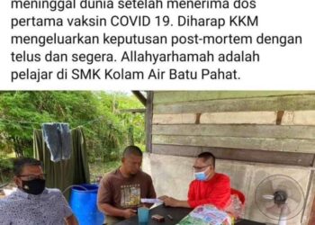 TANGKAP layar hantaran Mohd. Puad di Facebook miliknya mengenai kematian seorang remaja di Batu Pahat, Johor.