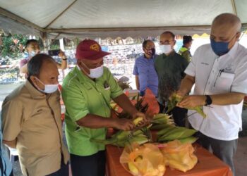 MOHD SOFFI Abd. Razak (kanan) melawat gerai jualan hasil pertanian selepas perasmian Program Engagement Agropreneur Muda di Kampung Budu di Lipis, Pahang hari ini. 
UTUSAN/HARIS FADILAH AHMAD