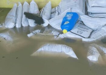BAJA padi yang dihanyutkan banjir yang berlaku di Kampung Alor Setanggok dekat Bagan Serai semalam. - GAMBAR MEDIA SOSIAL