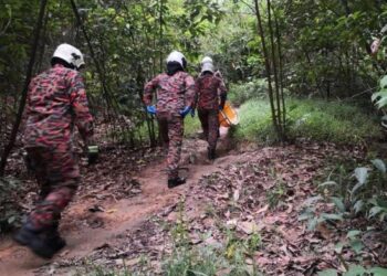 ANGGOTA bomba bergegas ke puncak bukit bagi membantu membawa turun seorang warga emas yang meninggal dunia ketika mendaki Bukit Soga di Batu Pahat, Johor.