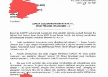 SURAT panggilan saksi yang dipalsukan sebelum dijual kepada orang ramai bagi tujuan merentas negeri di Sungai Petani, Kedah.
