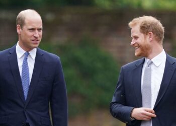 PUTERA William (kiri) dan Harry hadir pada majlis perasmian tugu ibu mereka di Istana Kensington, London semalam. - AFP