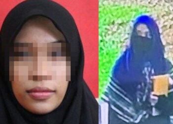 SUSPEK memakai jubah berwarna hitam dan tudung biru melepaskan enam das tembakan sebelum ditembak mati oleh anggota polis semasa kejadian. -AGENSI