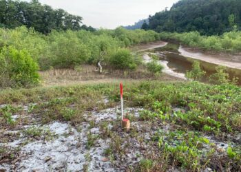 PENANDA sempadan yang ditemukan penduduk kampung dan sukarelawan Kuasa dekat muara Sungai Puyu, berhampiran pantai penyu paling banyak mendarat di Segari, Perak - IHSAN KUASA